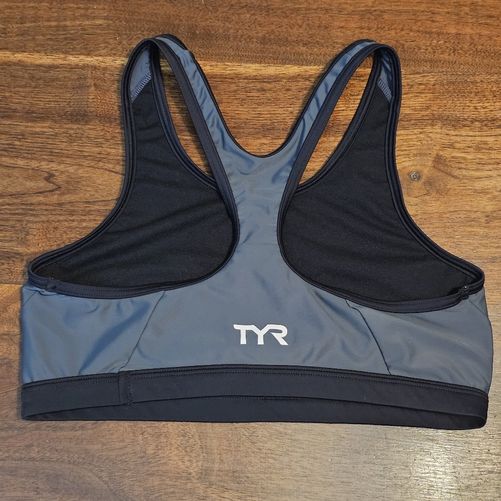 TYR Racerback Swimsuit Top Bra Gray Black with Logo Stretchy Spande Size XL - Picture 2 of 6